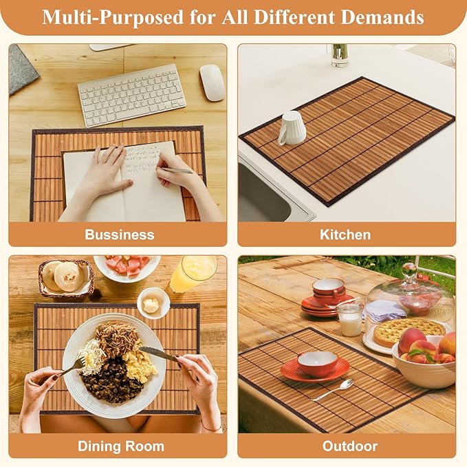 Bamboo Placemats with Fabric Border Set of 4 Natural Bamboo Rectangular Rolling Table Mats for Dining Kitchen Table Heat Resistant Table Protection Brown