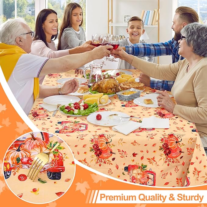 Smiry Fall Rectangle Table Cloth, Waterproof Vinyl Tablecloth with Flannel Backing, Wipeable Autumn Pumpkin Truck Plastic Tablecloths for Harvest and Thanksgiving Parties, (60"x102", Yellow)