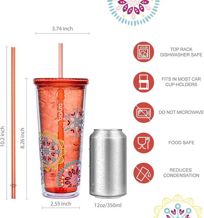 bzyoo 24oz Plastic Tumbler Cup, Lid & Straw, Iced Coffee, Medallion Orange | - Image 5
