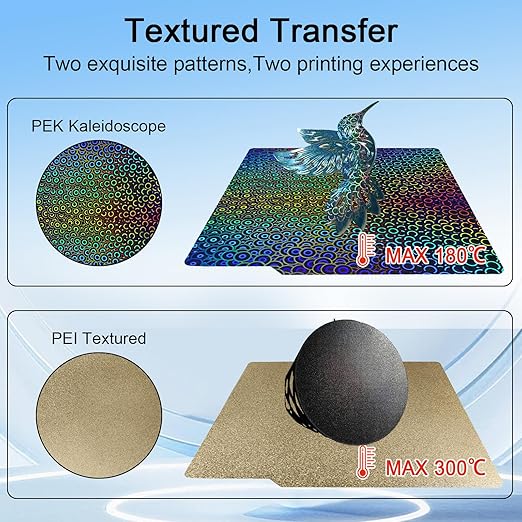 IdeaFormer Smooth Kaleidoscope PEK+Textured PEI Spring Steel Sheet 257x257mm,Flexible PEK+PEI Without Magnetic Build Plate for Bambu Lab X1/X1C/X1E/P1P/P1S/A1 3D Printers.