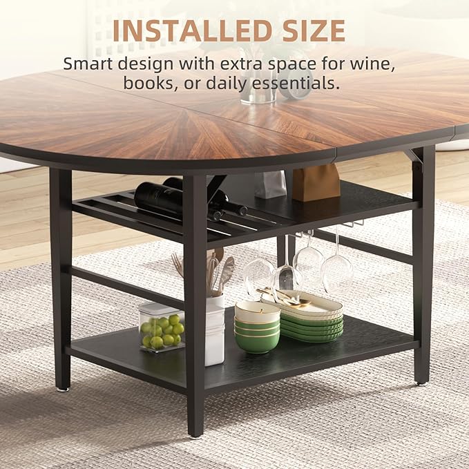 VFK 47.2"-63" Extendable Round Dining Table Set for 4–6, Solid Wood & Metal Table with Wine Rack Storage Shelf, Walnut Kitchen Furniture with 4 Upholstered Chairs (Storage Table and 4 Brown Chairs)