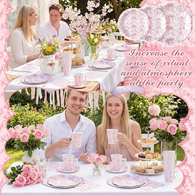Pickmesh 252 Pcs Pink Bow Floral Tea Party Supplies - Image 6