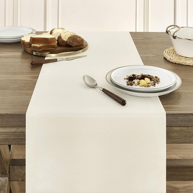 Basic Linen Style Table Runner, 14x60 Inch Ivory | Mitered Corner Design - Image 5