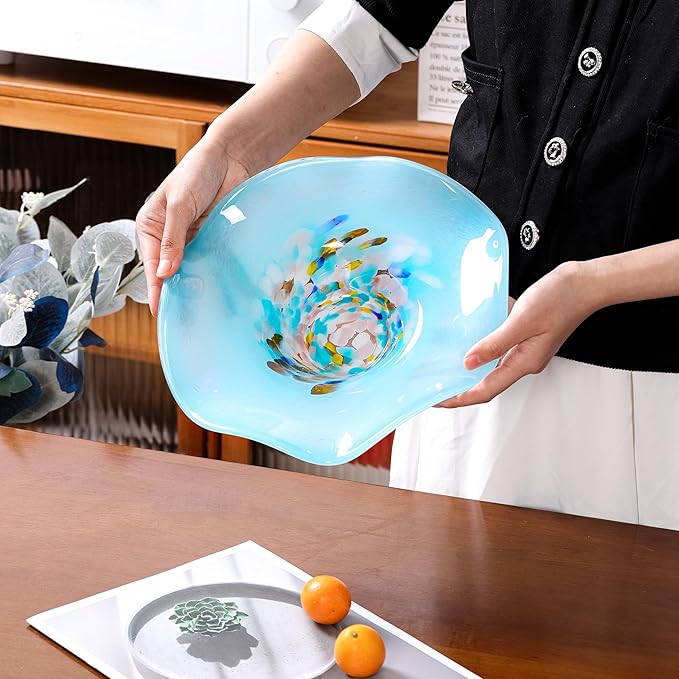 Hand Blown Murano-style Art Glass Bowl, 10.2-Inch Large Decorative Centerpiece for Table, Cobalt Blue Fruit Display & Kitchen Counter Decor