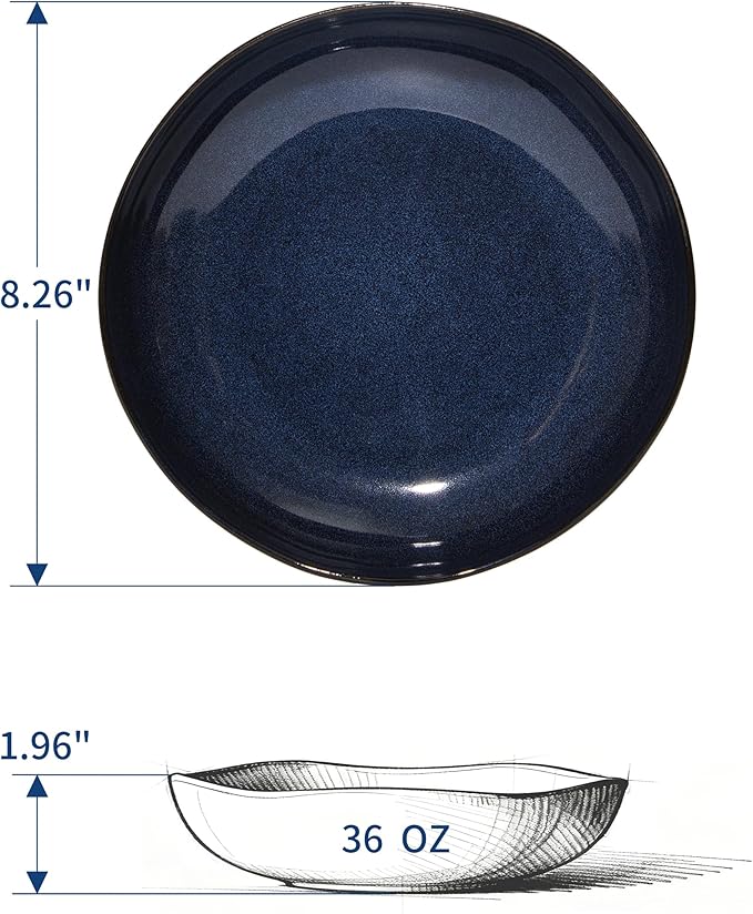 Stoneware Pasta Bowls Set of 4, 8.26" Large Serving Bowls, Chip Resistant Plate Bowls, Salad Serving Bowl for Lunch, Unique Irregular Look, Starry Blue