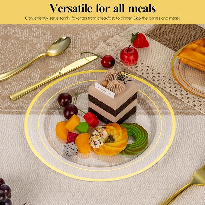 Goodluck 100PCS Clear Gold Plastic Plates, 10.25 Inch Dinner Plate with Silver Rim, Heavy Duty Disposable Plastic Plates for Party, Wedding, Birthday & Daily Use