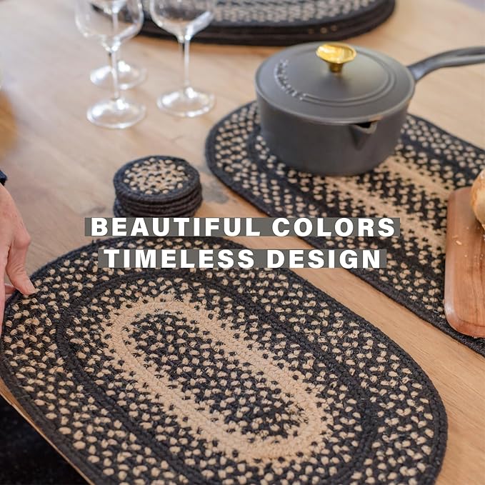 Homespice Manchester Jute Braided Placemats, Country Primitive Decor, Set of 4, Black and Tan 13x19 Oval Table Mats - Vibrant Colors, Durable, Easy to Clean and Protects Furniture