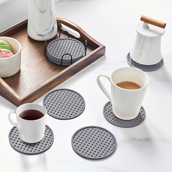 Coasters for Drinks, Silicone Coasters Set of 12 with ABS Holder, Outdoor Coaster for Coffee Table, Non-Slip Rubber Table Cup Mat Desk, Heat Resistant & Scratch-Proof (Grey)