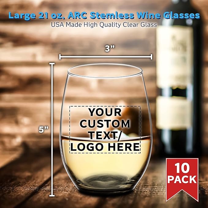 DISCOUNT PROMOS 10 ARC Stemless Wine Glasses Set, 21 oz. - Customizable Text, Logo - Chardonnay, Cabernet, Merlot, Sauvignon - Black