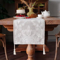 Embroidered Table Runner Boho Farmhouse Dresser Scarf, 4 Tassel Pendants by ARTBLOSS