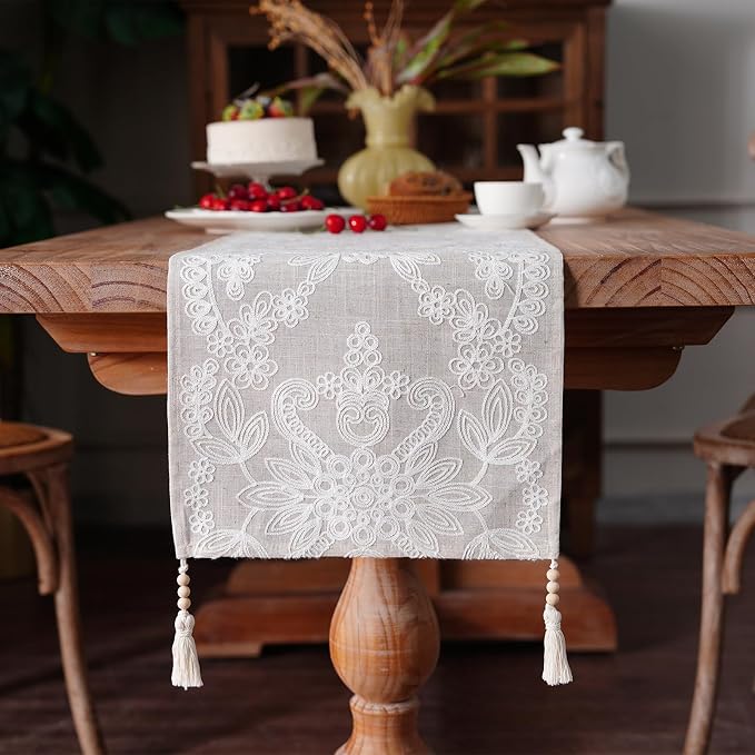 Embroidered Table Runner Boho Farmhouse Dresser Scarf, 4 Tassel Pendants - Image 2