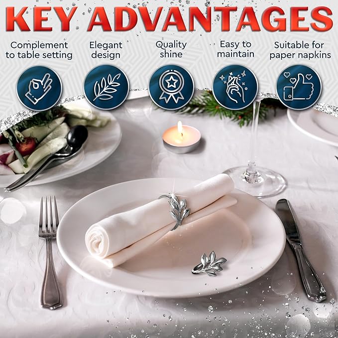 Set of 20 Silver Valentine Napkin Rings - Decorative Silver Napkin Rings Set | Napkin Ring Holders with Elegant Leaf Design for Weddings, Parties & Special Occasions, Romantic Valentine Table Decor