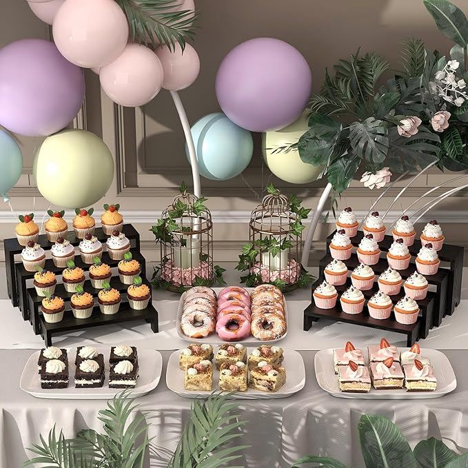 4 Set Large Black Wooden Tiered Riser Display Stands for Vendor Events,Stackable Wooden Cupcake Stand,Farmhouse Decor Wood Dessert Table Display Set,Vendor Booth Display Items,Food Display Risers for Party（12-11.2-10.4-9.6IN）