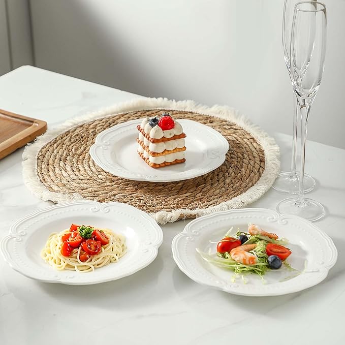 Neaylfe Embossed Salad Plates, 7.8 Inch White Ceramic Plates, The Dessert, Salad, Appetizer, Small Lunch, etc Plate, Restaurant Kitchen Dish, Microwave, Oven, and Dishwasher Safe - Set of 8