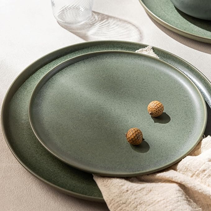 LERATIO Stoneware Dinnerware Sets for 4,Handcarft Ceramic Plates and Bowls Sets,Chip and Scratch Resistant Dishes, Dishwasher & Microwave Safe, Oven safe,Reactive Glaze-Green