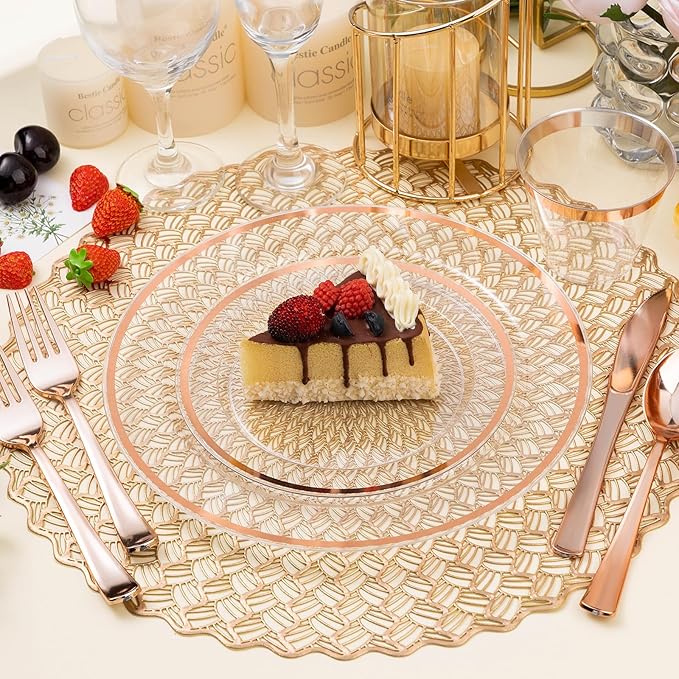 BESTSTAR 200PCS Rose Gold and Clear Plastic Plates, Rose Gold Disposable Plate Set with 100 Dinner Plates and 100 Dessert Plates for Party