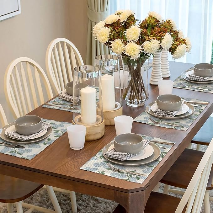 Blue Green Spring Placemats Set of 6 Hydrangea Flower Decor Place Mats 12x18 Inch Vintage Floral Summer Seasonal Decorative Linen Table Mats for Home Kitchen Dining Party Table Decoration