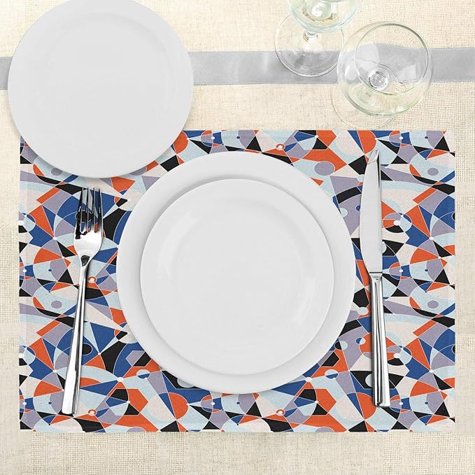 Ambesonne Mid Century Place Mats Set of 4, Mosaic of Various Shapes and Colors Modern Style Complex and Grid, Washable Fabric Placemats for Dining Table, Standard Size, Blue Orange