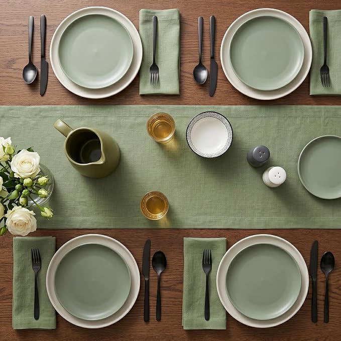 Solino Home 100% Pure Linen Table Runner Oil Green Long, Fete 14 x 108 in | - Image 4