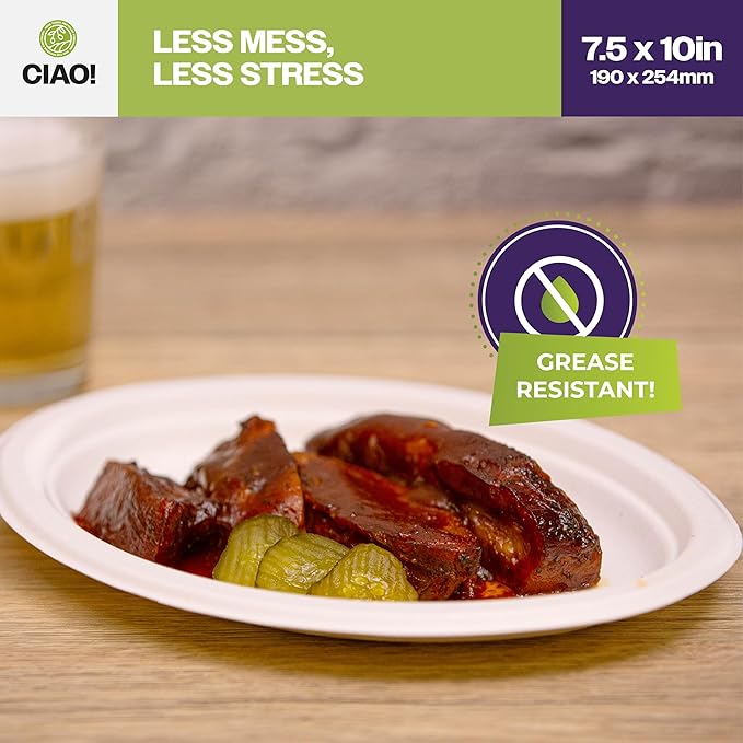 CIAO! 7.5"X10" Heavy Duty Oval Plate 100% Compostable PFAS Free made with Unbleached Bagasse Natural White (Pack of 500)