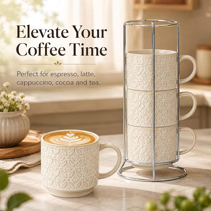 6 Oz Coffee Mugs with Stand, Stackable Ceramic Espresso Cups Set of 4, Embossed - Image 2