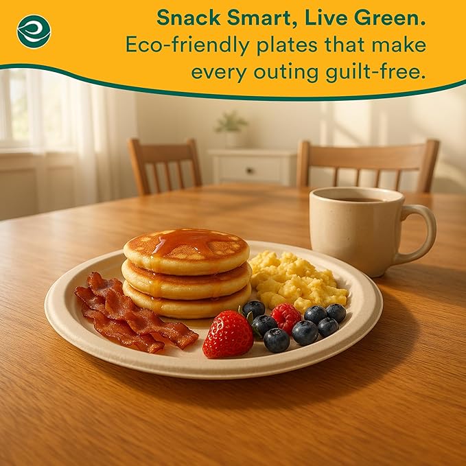 ECO SOUL Compostable 9 Inch(100-Pack) Biodegradable Heavy-Duty Disposable Eco-Friendly Paper Plates for Dinner & Parties, Wedding, Event