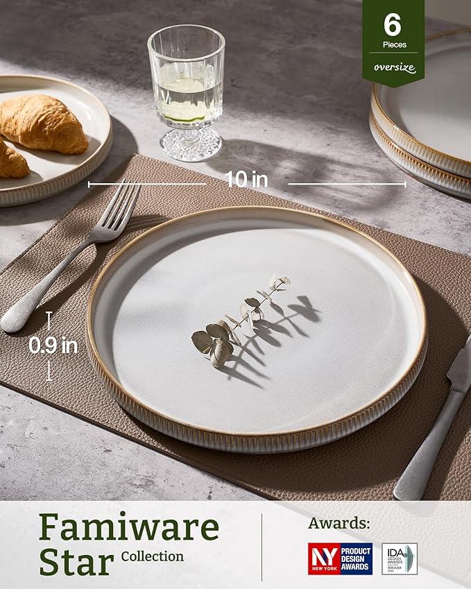 famiware Star Dinner Plates for 6, 10 inches Plate Set, Scratch Resistant, Stoneware Dinnerware, Kitchen Modern Rustic Serving Dishes, Cappuccino White
