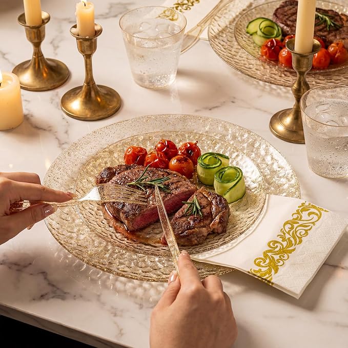 Rubtlamp 175 Pcs Gold Glitter Plastic Plates, Hammered Disposable Plates Set - Image 5