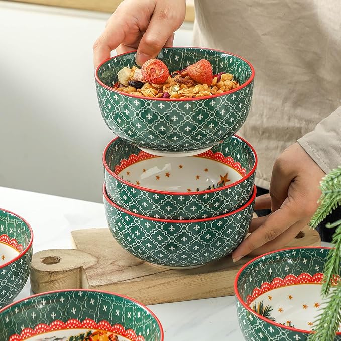 Ceramic Bowls set of 6,26 OZ Soup Bowls,Stoneware Bowls for Noodles,Salad,Ideal for Celebrations,Holiday Gatherings,Festive Christmas Table Decor,Microwave and Dishwasher Safe