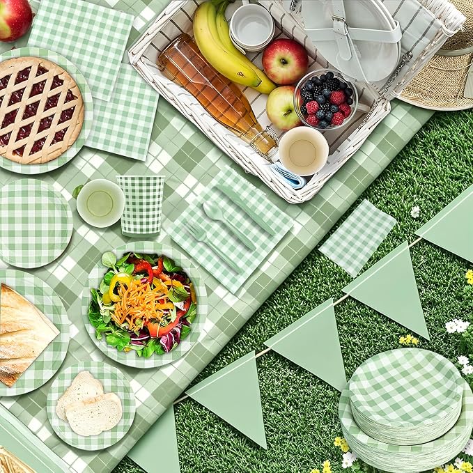 180Pcs Green Gingham Party Supplies Paper Plates and Napkins Serve 60 | - Image 4