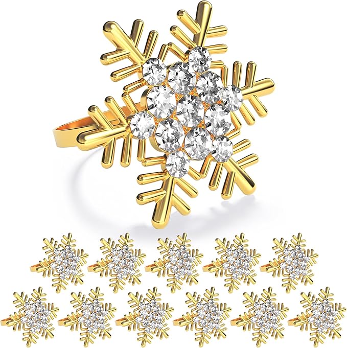 ZeeDix Christmas Gold Snowflake Napkin Rings Set of 12, Napkins Ring for Dinning Table - Rustic Dinner Tables Decoration for Wedding Receptions Christmas Thanksgiving Holiday Party Dinner Parties