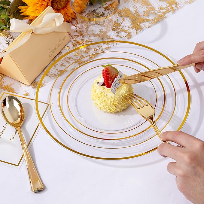bUCLA 300Pcs Clear Gold Plastic Disposable Dinnerware Set - Clear Plates with Gold Trim Include 50 Dinner / 50 Dessert Plates,50 Cups,150 Plastic Silverware Set for Party