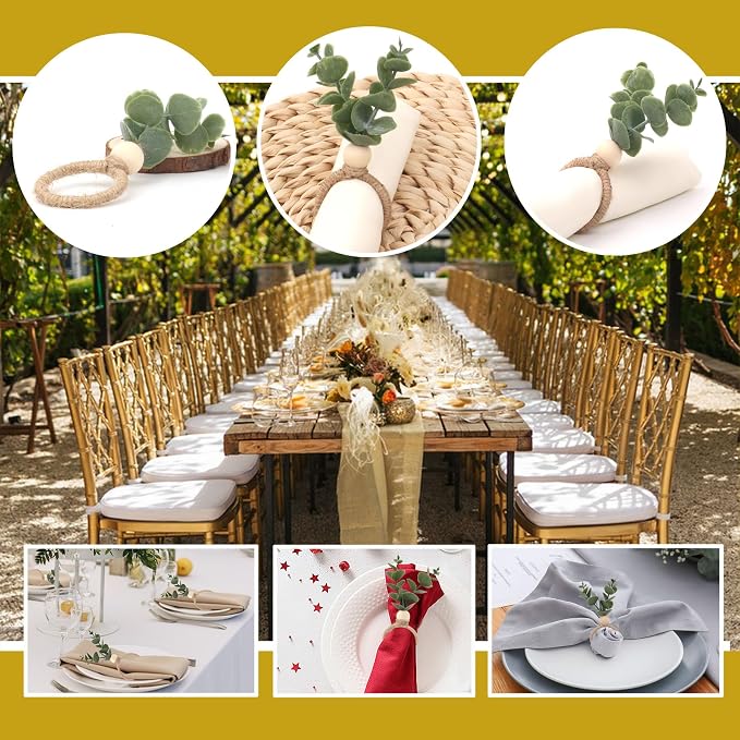 24 Pcs Napkin Rings with Artificial Eucalyptus Leaf Wood Bead Jute Rope - Image 2