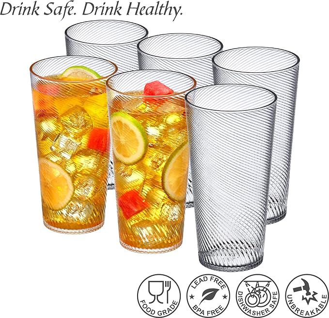 Amazing Abby - Breeze - 30-Ounce Plastic Tumblers (Set of 6), Iced-Tea Drinking Glasses, All-Clear Reusable Cups, Stackable, BPA-Free, Shatter-Proof, Dishwasher-Safe