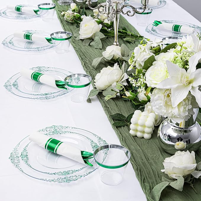 Hioasis 175pcs Clear and Green Plates - Green Party Plates for 25 Guest, Include 50 Heavy-duty Plates(20% Thicker Than Standard), 25 Pre Rolled Gold Plastic Silverware Set, 25 Cups for St. Patrick's D