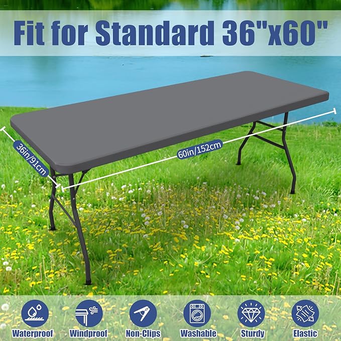 Spandex 5 Foot Rectangle Table Cloth 2 Pack, Elastic Fitted Tablecloths for Picnic, Stretch Washable Patio Table Cover for Outdoor, Camping, Banquet and Parties (Grey, 36"x60")