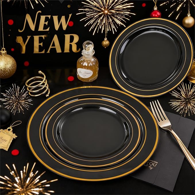 FLOWERCAT 100PCS Black and Gold Plates - Heavy Duty Black Plates Disposable for Halloween Party/New Year/Birthday- Include 50PCS 10.25inch Dinner Plates - 50PCS 7.5inch Dessert Plates