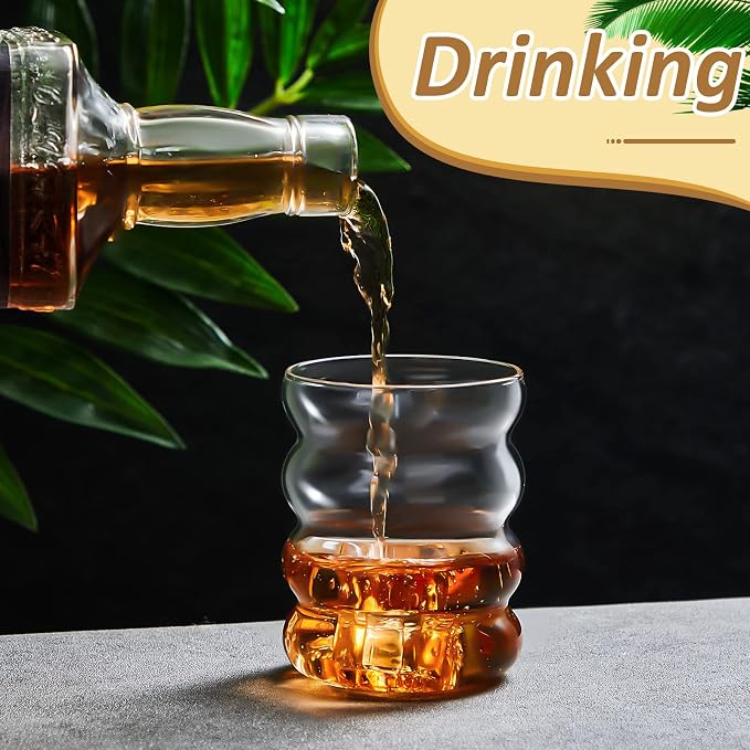 Cunhill 2 Pcs Wave Glass Cup 10 oz Ribbed Bubble Drinking Glassware Creative - Image 3