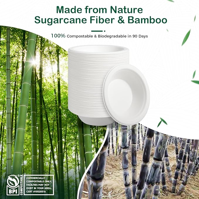 𝟯𝟮 𝗼𝘇, 𝟲𝟴-𝗣𝗮𝗰𝗸 Compostable Paper Bowls, Heavy-Duty Biodegradable Disposable Bowls Made from Bagasse, Eco-Friendly, Microwave & Freezer Safe (White)