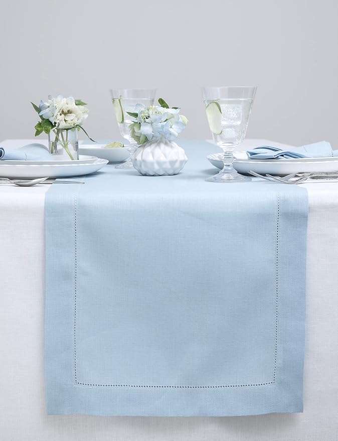 Solino Home 100% Linen Table Runner Sky Blue, Classic Hemstitch 14 x 132 in | by SolinoHome