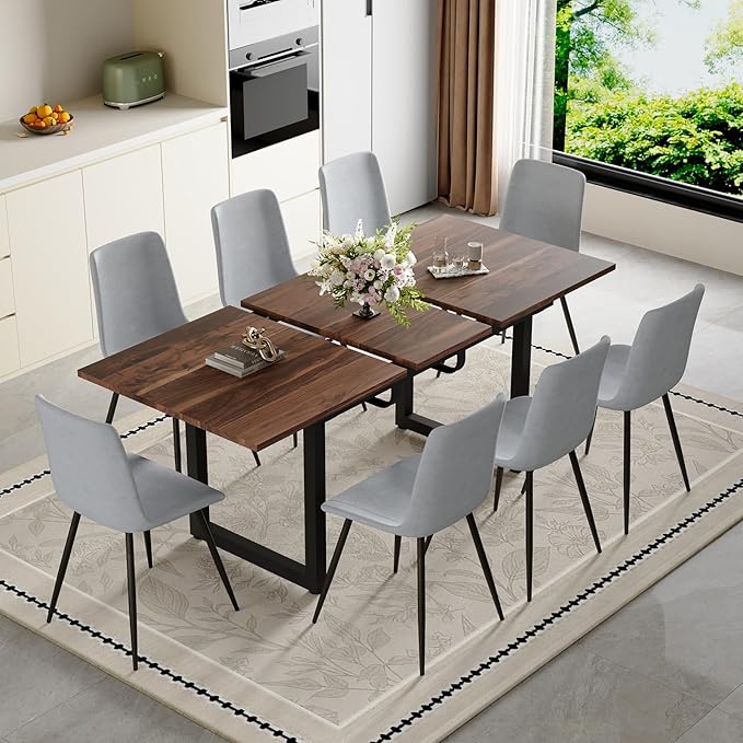 Extendable Dining Table Set for 8, 55"–71" Modern Wood Kitchen Table with 8 Upholstered Chairs, Space-Saving for Living Room Apartment, Sturdy & Comfortable, Easy Assembly