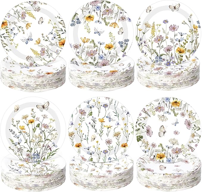 60 Pcs 7 Inch Floral Party Plates Wildflower Paper Plates Spring Summer Disposable Dinnerware Decoration for Tea Party Dinner Birthday Baby Shower Bridal Wedding Supplies