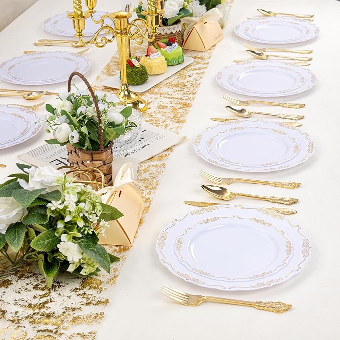 DaYammi 150Pcs White Gold Plastic Plates & Plastic Silverware, Gold Disposable Plates for Party Include 30 Dinner Plate, 30 Dessert Plate, 30 Knives, 30 Forks, 30 Spoons for Party Wedding