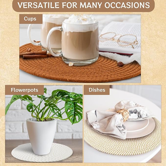 Kochorie Set of 8 Round Woven Cotton Placemats, 13 Inch Boho Table Mats for Kitchen and Dining Table, Farmhouse Heat Resistant Washable Trivets, Fall Thanksgiving Christmas Décor (Mixed Brown)