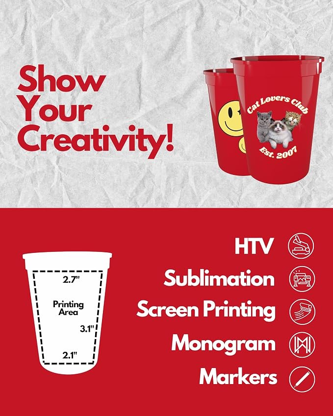 PartyPrints 10 Pack Small 10 to 12 oz Red Reusable Blank Plastic Cups, Stadium - Image 3