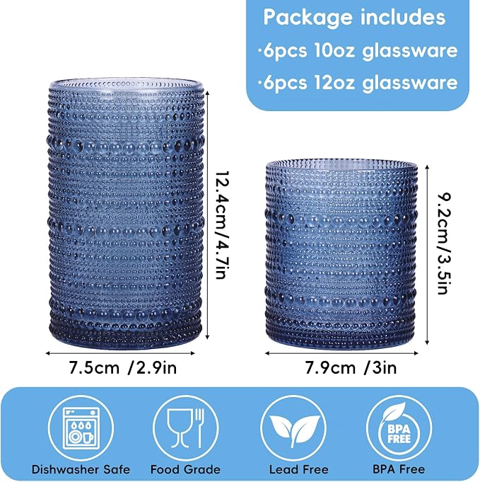 Moretoes 12 Pack Blue Hobnail Drinking Glasses, Vintage Water Glass Cups | - Image 3