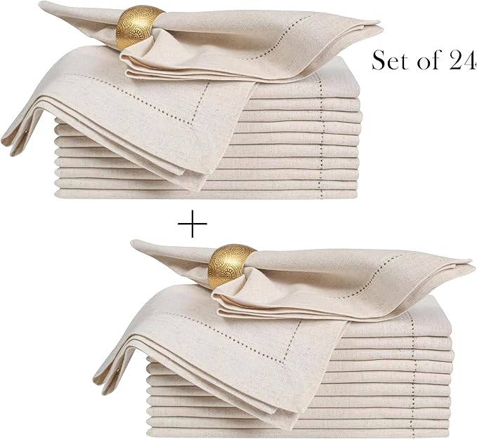 Bedding Craft Linen Flax Cotton Cloth Napkins 18x18 Set of 24 – Natural Hemstitched Corners – Machine Washable Fabric Napkins for Dinner, Weddings, Baby Showers & Everyday Table Settings