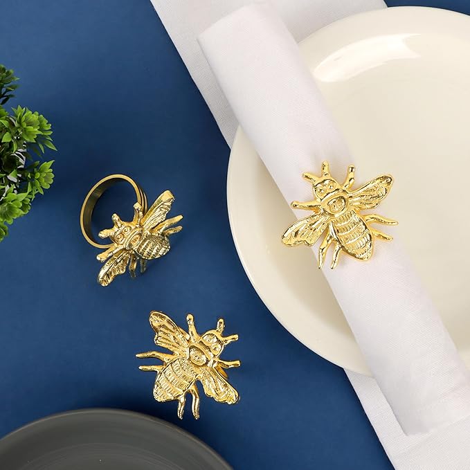 ALPHA Living HOME Decorative Bee Napkin Rings - 12 Pcs Premium Metal Napkin Rings Table Decor Napkin Ring, Dining Cloth Napkin Holder for Wedding, Party, Christmas, Everyday Dining (Gold)