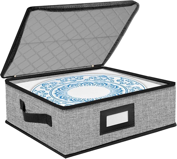 Quilted Platter Storage Case-Fine China Storage Containers Hard Shell for Organizing,Stackable Plate Storage Containers with 4 Felt Dividers,dinnerware Storage,Moving Box,Moving Supplies
