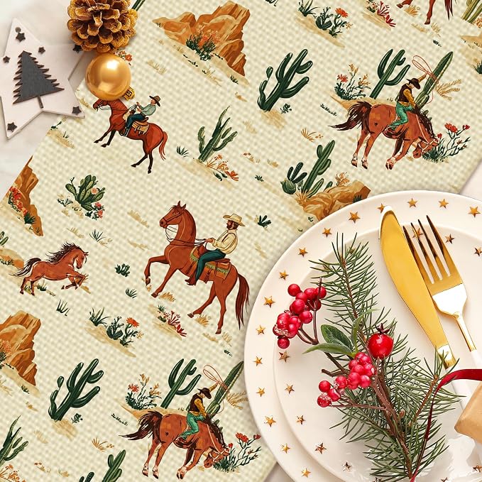 Western Boy Horse Burlap Table Runner Seasonal Spring Fall Kitchen Dining Linen - Image 3